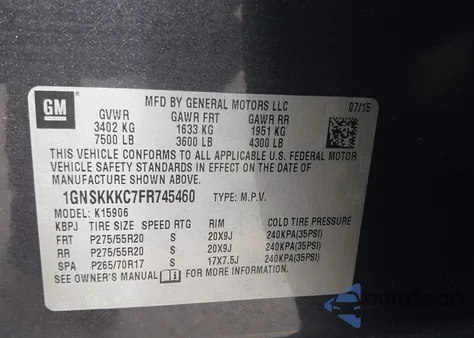 2015 Chevrolet Suburban 1500 Ltz from USA, damaged, VIN 1GNSKKKC7FR745460